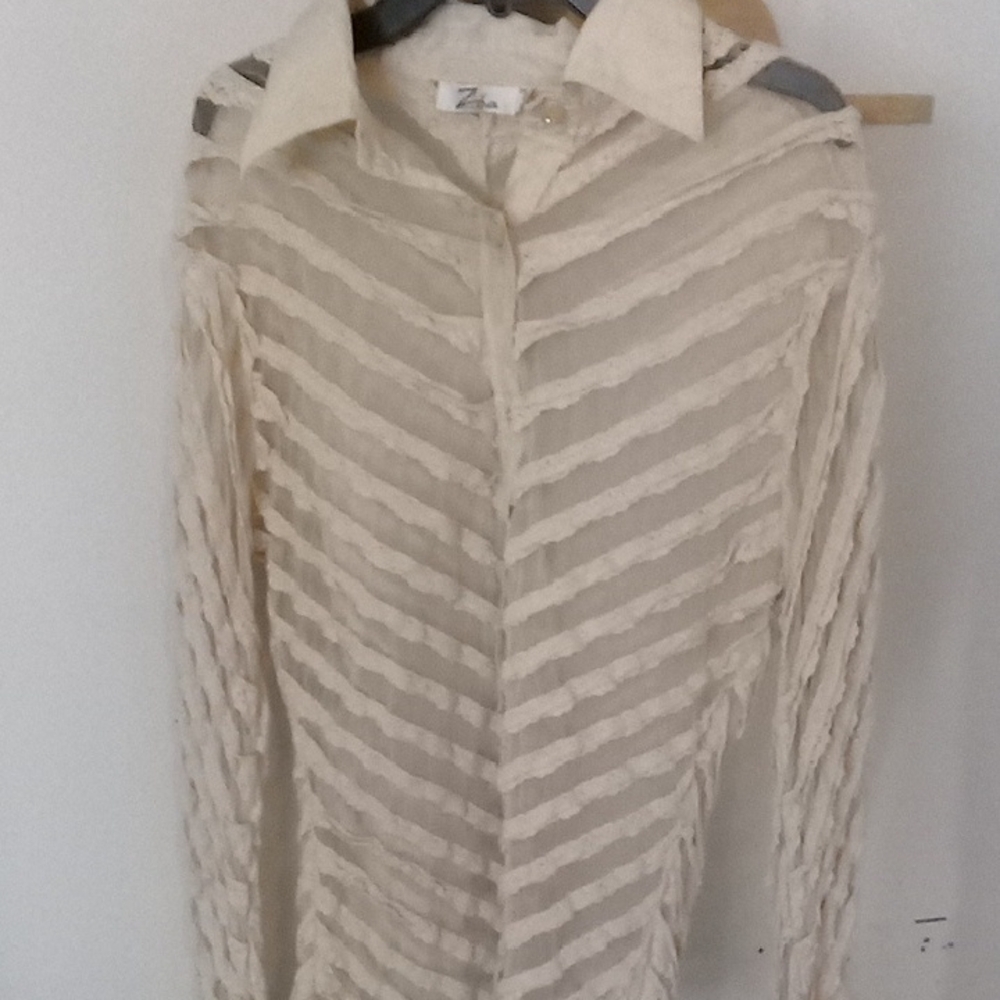 Zara Cream Textured Sheer Button-Up Blouse